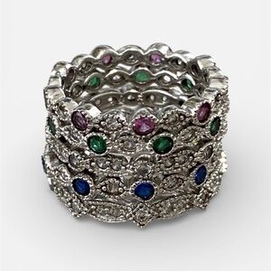 Radiant Gemstones Stacked Rings Pink Quartz Emerald Sapphire Diamonds Size 7